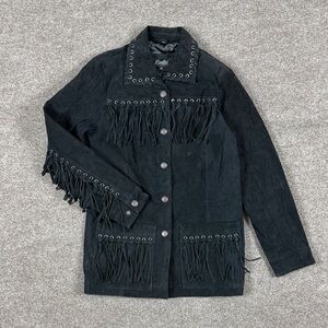 Vintage Excelled Collection Black Suede Leather Western Fringe Jacket Women’s XS